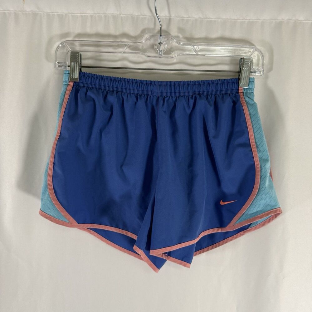 Nike Running Shorts Girl Large Blue Pink Logo Lined Drawstring 4" Inseam